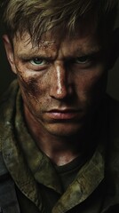 Obraz premium Intense Close-Up of Soldier with Dirty Face and Focused Expression