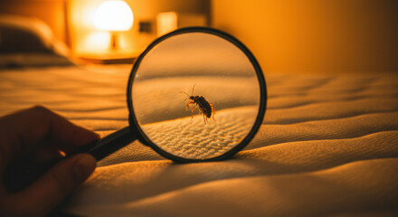 Close examination of a bug on a mattress in a softly lit bedroom at night