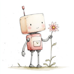 Adorable Toy Robot with a Shy Expression Holding a Colorful Flower Perfect for Capturing the Essence of Innocence and Playfulness in a Whimsical Setting