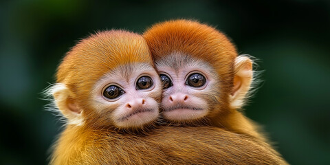 Affectionate baby monkeys hugging and cuddling against blurred green backdrop