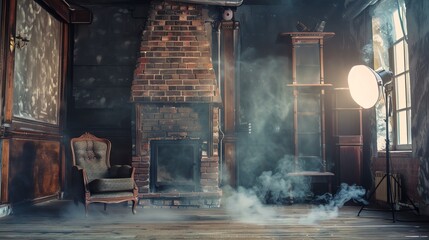 A photo studio with a brick fireplace, a chair, and smoke in the air.