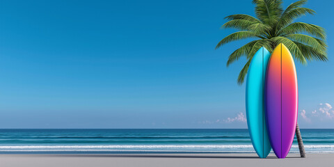 Colorful surfboards and palm tree, vibrant colors, summer vacation on beach with copy space