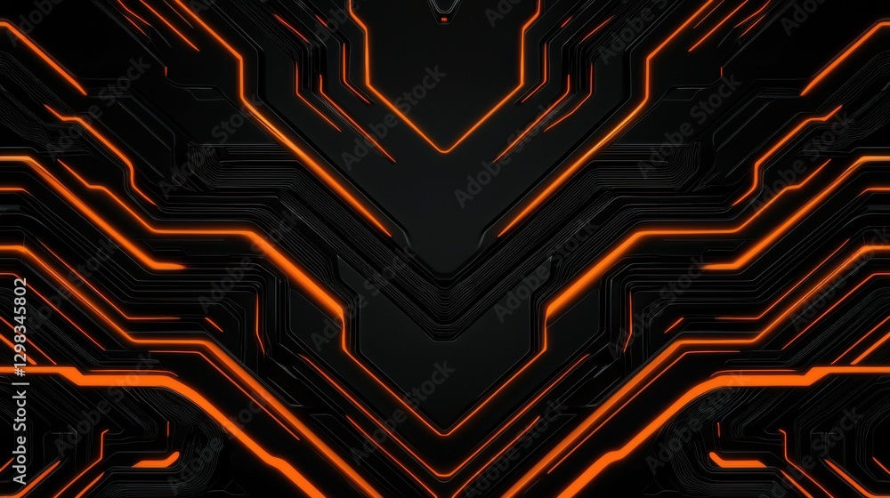 Poster a digital art piece featuring a complex network of orange and black lines forming a symmetrical patt