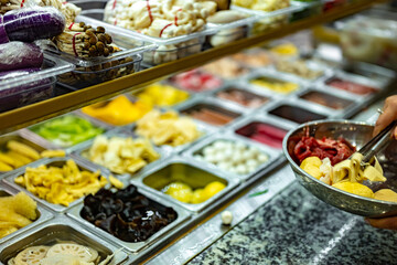 Traditional Asian dishes sold in a food court in Singapore