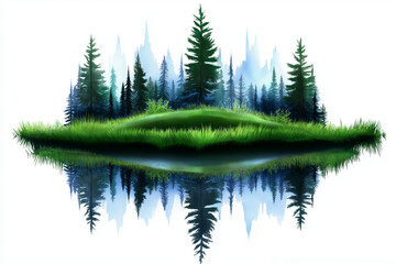 Fototapeta premium Watercolor forest and grass reflection, green and blue, nature scene on white background