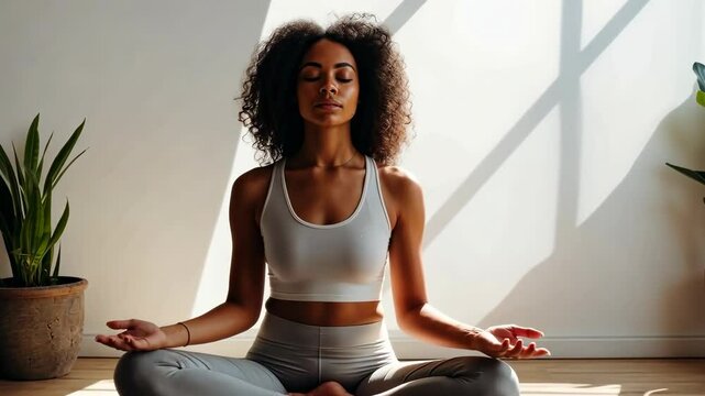 A serene video of a woman meditating in a sunlit room, captured from a front angle. Minimalist style with natural light and indoor plants.