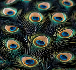Obraz premium The peacock feather background is a true embodiment of the beauty and grace of nature. Peacock feathers are known for their vibrant colors and intricate patterns that fascinate the eye.