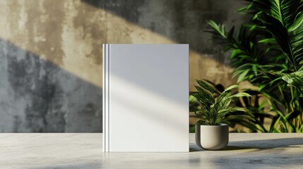 Blank book on table beside potted plant in natural setting