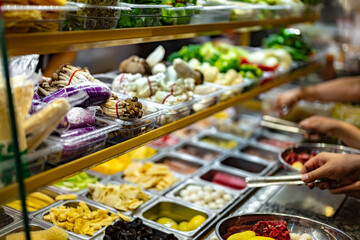 Traditional Asian dishes sold in a food court in Singapore