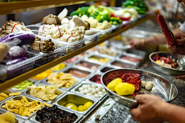 Traditional Asian dishes sold in a food court in Singapore