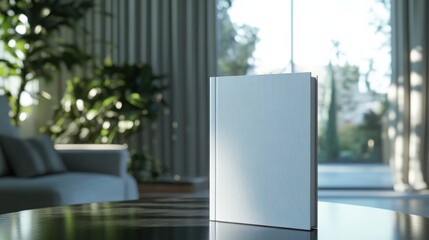 Blank book on table in modern interior with plants