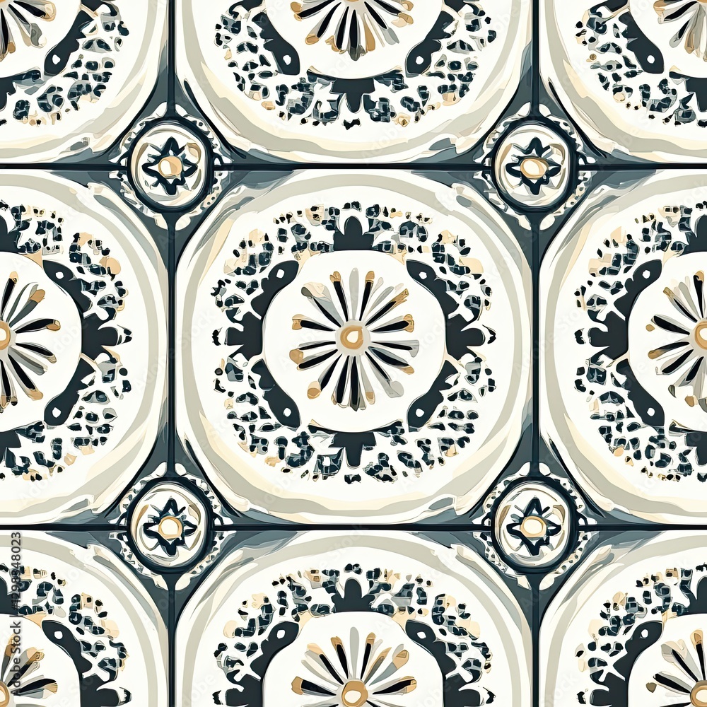 Poster symmetrical reticulated pattern with circular design motifs for textile and interior design projects