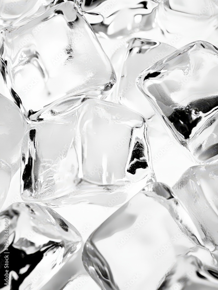 Poster close-up of clear ice cubes on white background for design use