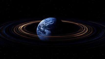 The Earth encircled by luminous, rotating light trails and digital overlays 