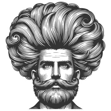 recommend clip art: gentleman with an incredibly large, curly hairstyle, blending humor, surrealism, and vintage artistic style sketch engraving generative ai vector illustration. Scratch board. Black and white image.