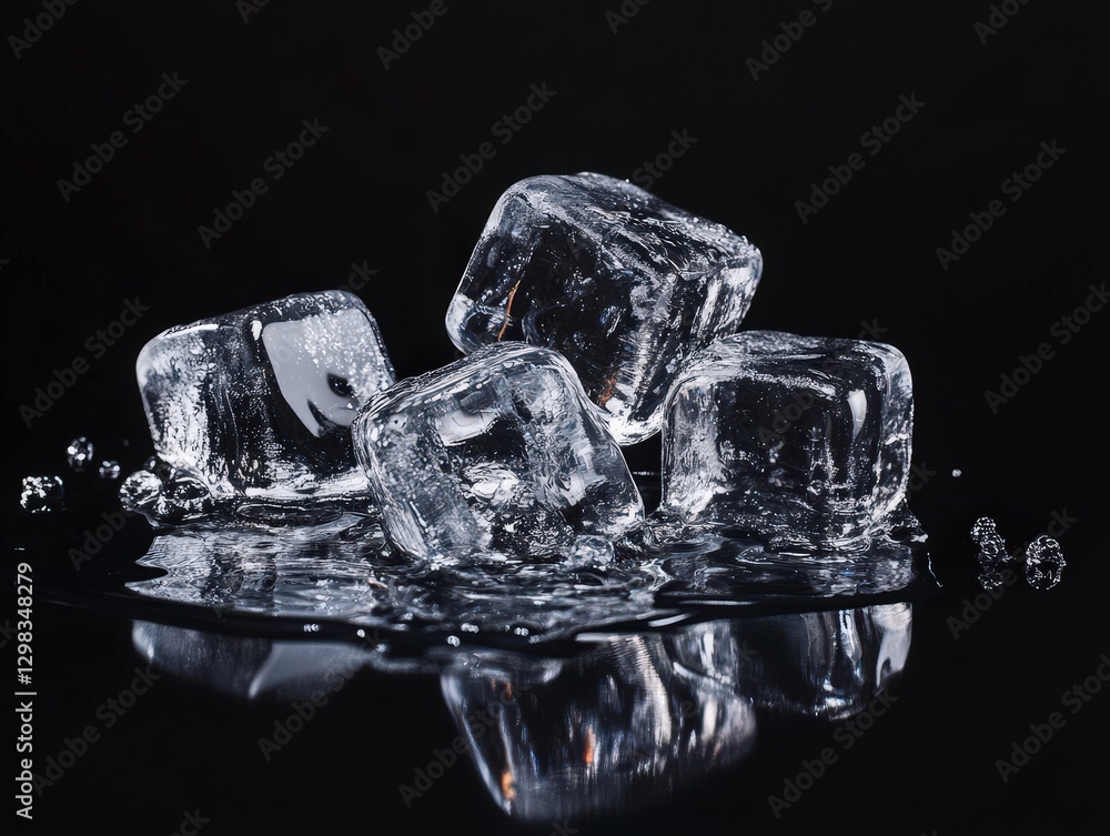 Poster ice cubes arranged on surface with black background and reflection