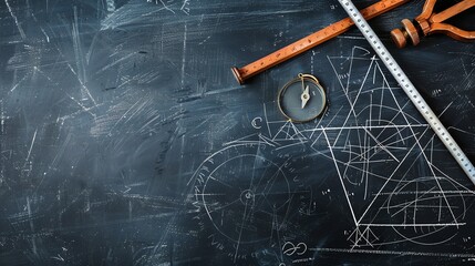 A compass, rulers, and chalk drawings on a black background.