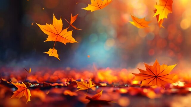 Vibrant autumn leaves in mid-air, captured in a low-angle shot, creating a dreamy, cinematic video feel with warm, glowing bokeh in the background.
