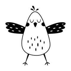Black and white Bird clipart. Cute character in cartoon flat style. Hand draw vector illustration