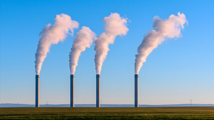 Four Industrial Chimneys Releasing White Smoke Against a Vibrant Blue Sky with Green Grass Field
