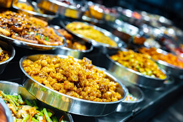 Traditional Asian dishes sold in a food court in Singapore