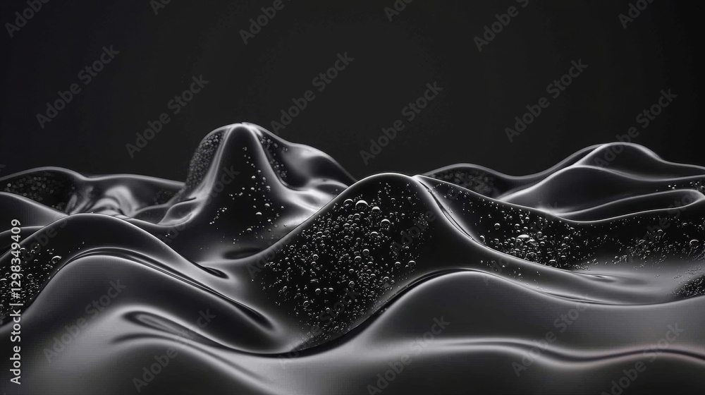 Poster a digital rendering of a black, shiny surface with ripples and bubbles.