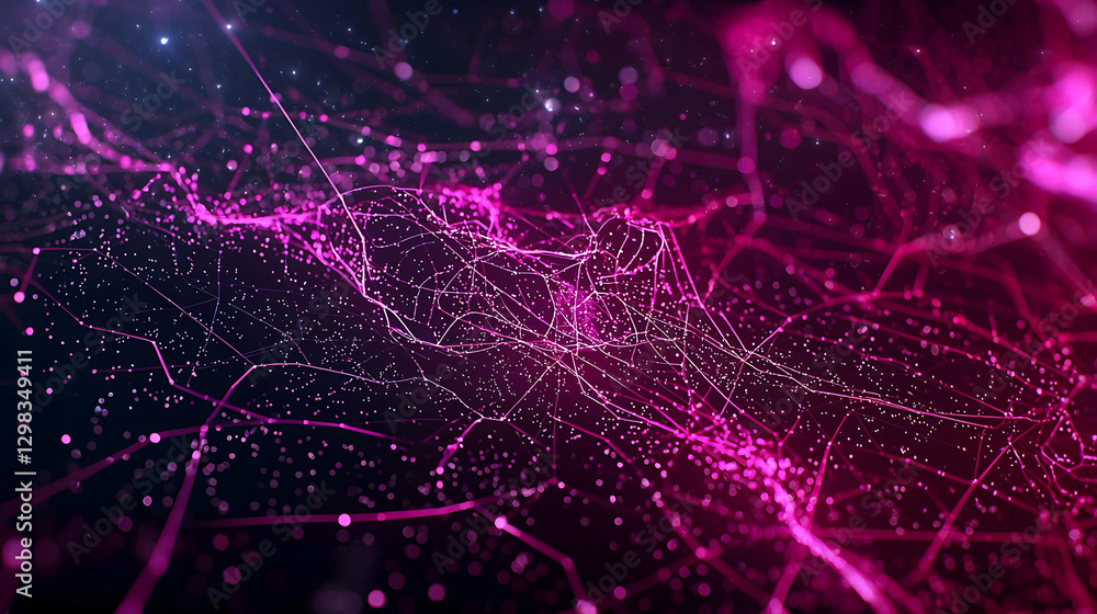 Poster abstract digital network connection with pink lines and glowing dots on dark background