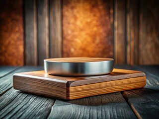 Long exposure highlights textured metal art; minimalist wood base complements the piece.