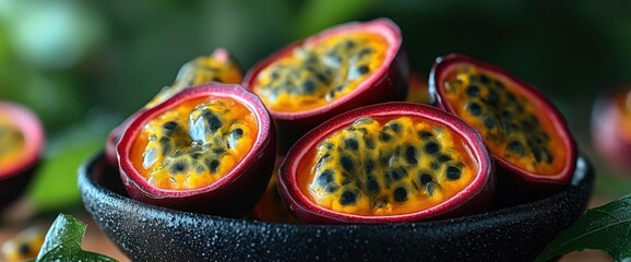Fototapeta premium Close Up Of Passion Fruit Slices In A Bowl