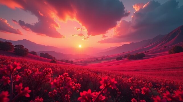 A serene landscape of vibrant red flowers under a dramatic sunset sky. - Powered by Adobe