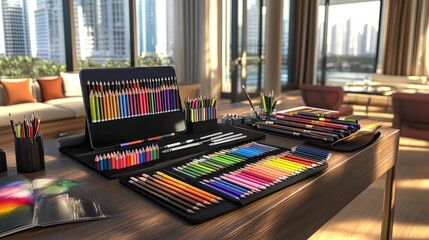 Artist's workstation, modern loft, city view