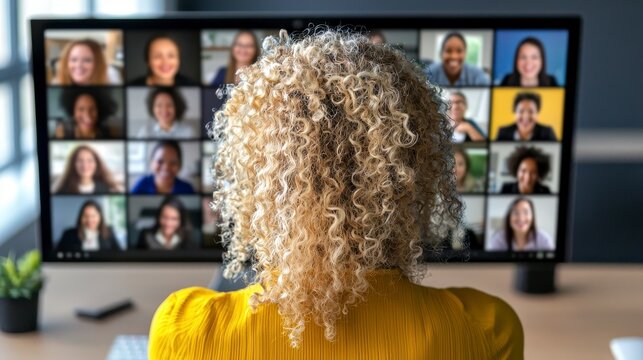 Woman with curly hair participating in virtual meeting, showcasing remote work, online collaboration, and digital communication on a computer screen, highlighting the importance of staying connected