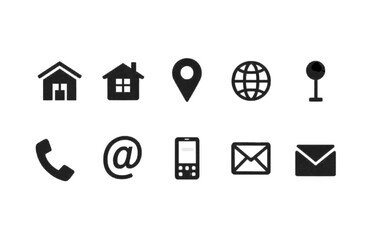 Web icon set. Home, location, call, at, email, address, globe, chat, message, mail, telephone, information, support, search, website, icon. Contact and web icons set. Website set icon vector.