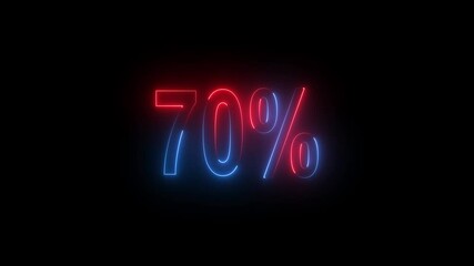 Neon glowing 70 percent sign on black background. Abstract 70% percent text neon animation.