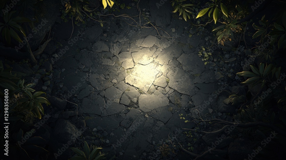 Poster a mysterious crack in the ground, illuminated by a mysterious light source.