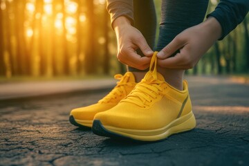 A person tying running shoes before exercise.