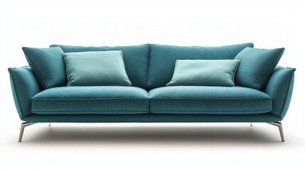 Fototapeta premium A full studio shot of a teal-blue fabric sofa with cushioned backrests, armrests and visible metal legs, isolated on pure white background
