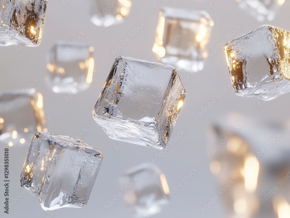 Poster floating ice cubes with subtle reflections in a soft background