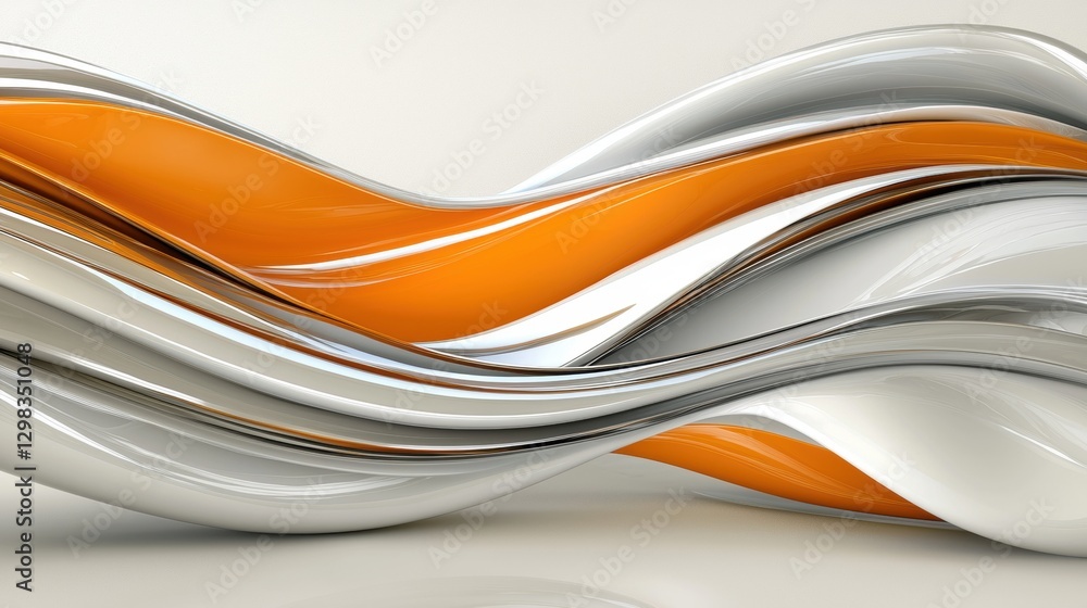 Poster a 3d rendering of abstract art featuring a wave-like pattern in orange, silver, and white.