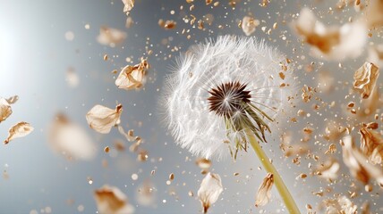 Close-up of a dandelion dispersing seeds against a soft blue background, symbolizing change and growth.