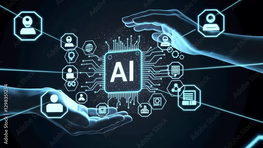 Poster artificial intelligence concept. hands holding ai chip, future technology design. business, innovati