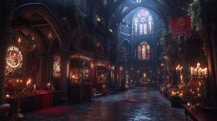 Gothic Cathedral: Candlelit Aisles, Stained Glass, and Stone Architecture