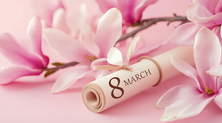 close-up of pink magnolia flowers with march 8 text for women's day