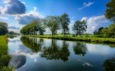 A peaceful landscape with a gentle river reflecting trees and clouds, embodying natures calm beauty