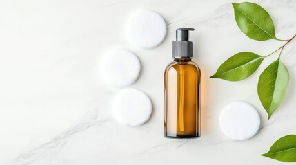 Fototapeta premium Toner bottle and cotton pads artfully arranged on a clean minimalist marble surface creating a serene and practical spa like atmosphere