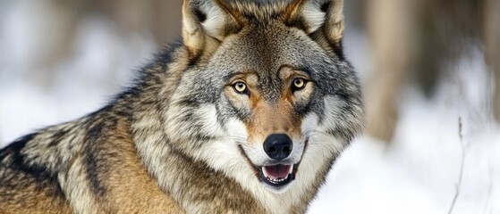 Obraz premium A Close-Up Portrait of a Grey Wolf with Yellow Eyes