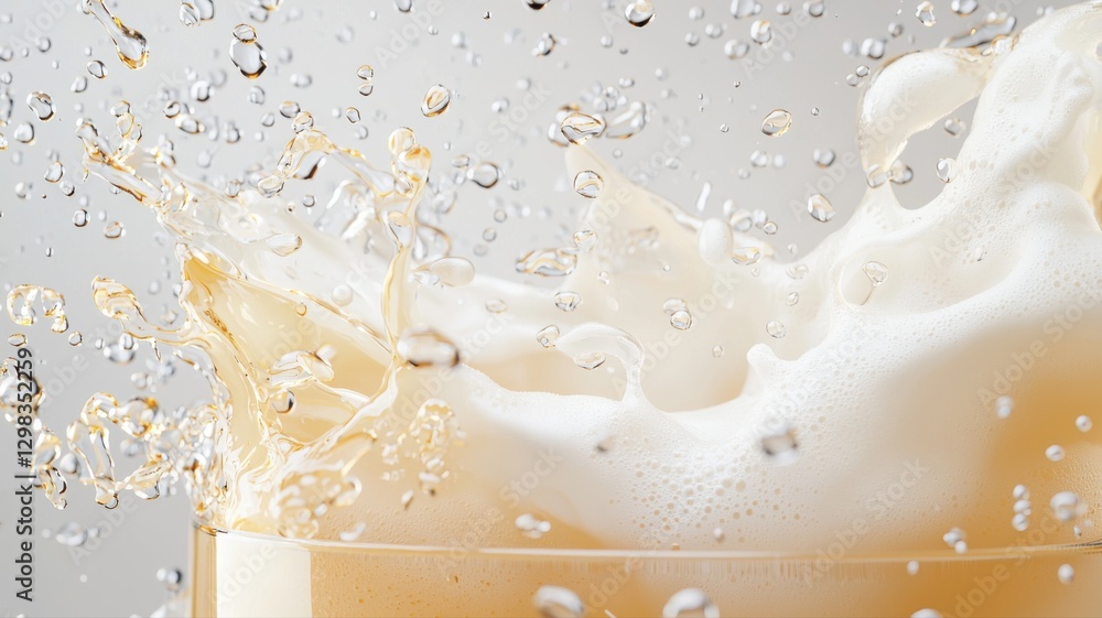 Aufkleber close-up of a refreshing beer splash with frothy bubbles and golden liquid against a light backgroun