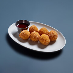 Crispy Fried Cheese Balls with Dipping Sauce on White Plate Against Blue Background