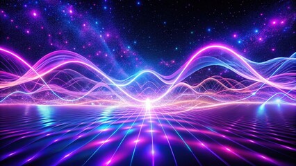 Abstract cosmic landscape with vibrant neon waves and glittering starlight reflecting on a futuristic surface