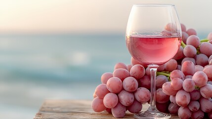 Ros? wine glass & grapes at sunset beach